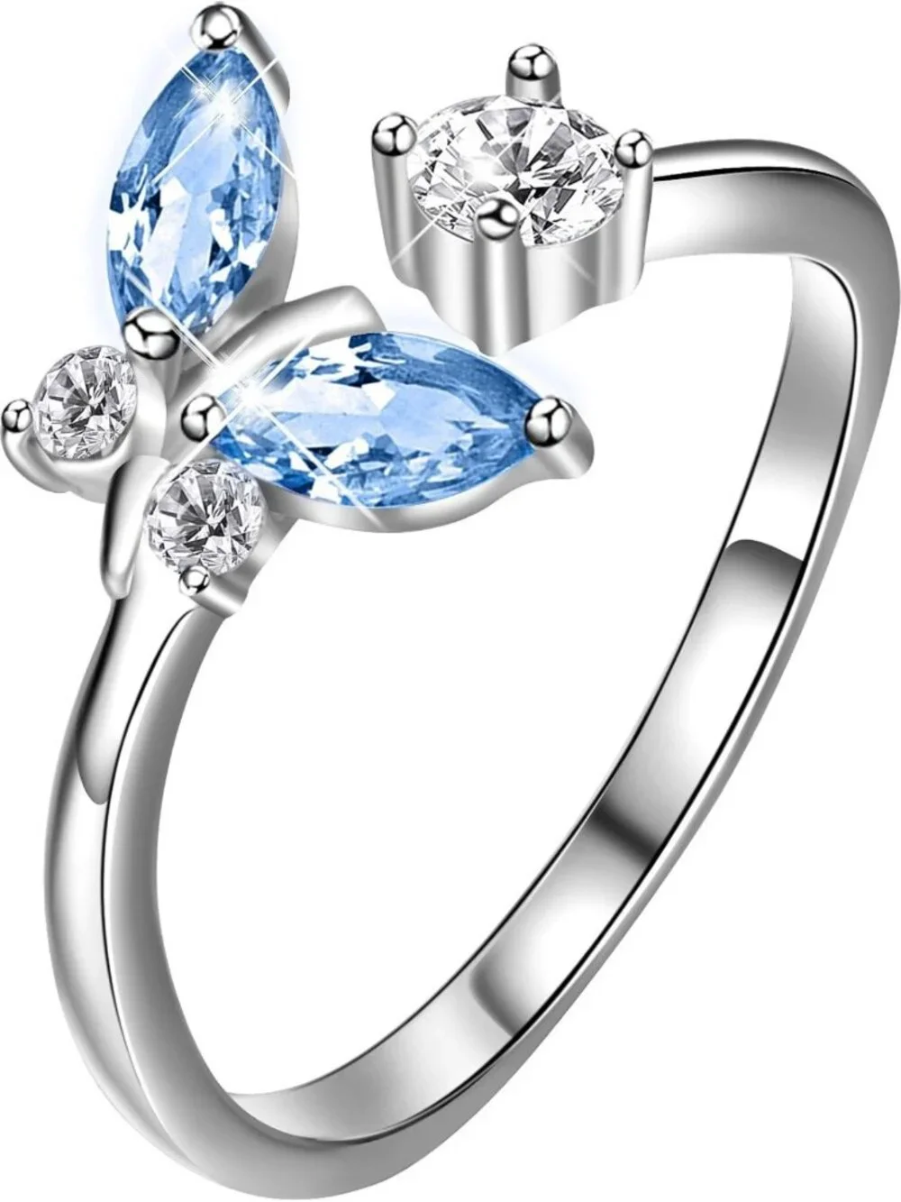 Sterling Silver Butterfly Adjustable Ring with Austrian Crystal, Size 6-10, Gift